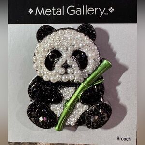 Metal Gallery Panda Bear Brooch Pin with Faux Pearls & Rhinestones New